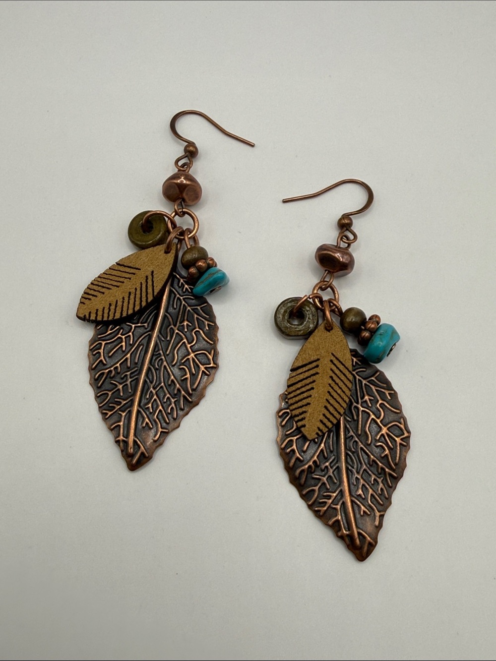 Vintage Southwestern Copper Tone Turquoise Beaded Leaf Dangle Drop Earrings